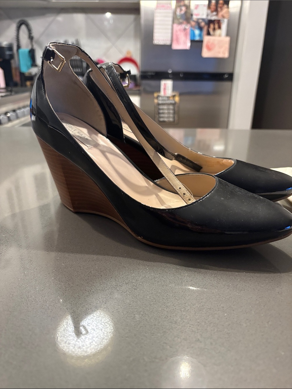 Cole Haan Black Patent Leather Wedge Pumps with T-Strap